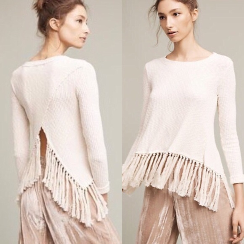 Anthropologie Cream Fringe Sweater